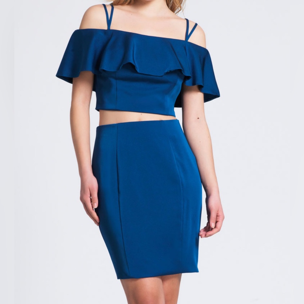 Dave & Johnny Skirt SET Ruffle Cropped Top & Pencil Skirt Teal Blue Womenโs 5/6